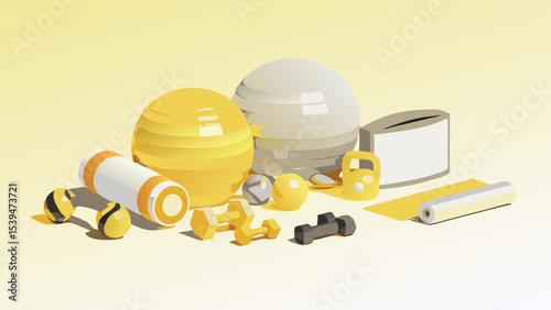 A collection of yellow and white exercise equipment on a light yellow background in a studio setting