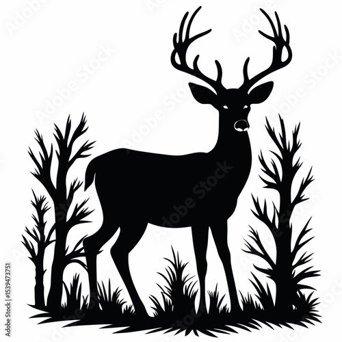 Elegant deer silhouette with large antlers in forest scene
