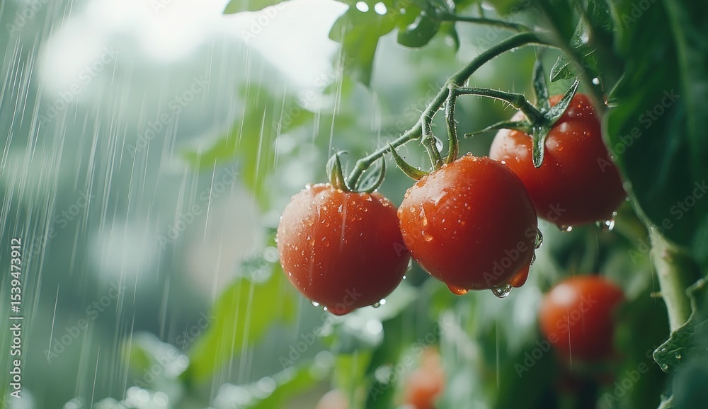 Obraz premium Close-up of rain-drenched tomatoes on vine