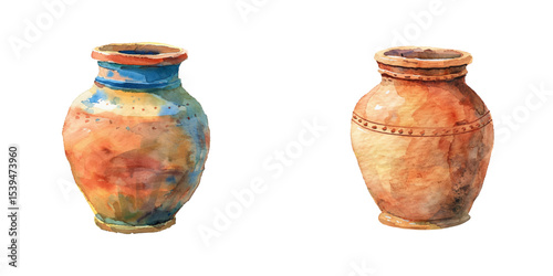 clay jar watercolor vector illustration