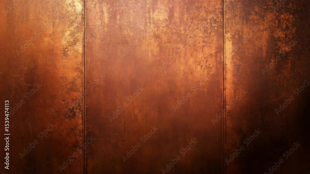 Rusty metal texture background with warm brown and orange tones showing weathered aged surface natural corrosion patterns vertical panel lines creating industrial vintage grunge design perfect