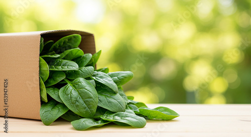 fresh green spinach leaves overflowing from a simple brown cardboard box, placed on a light wooden table, bright outdoor background