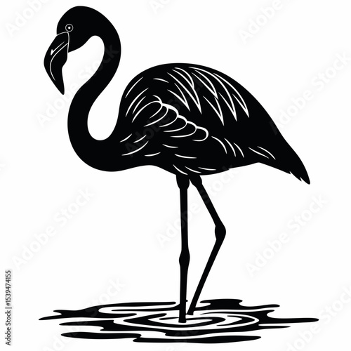 Flamingo silhouette standing in water with leg bent