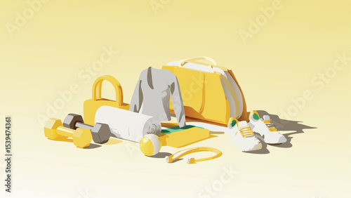 Still life of gym equipment including a duffel bag weights and athletic shoes on a yellow background