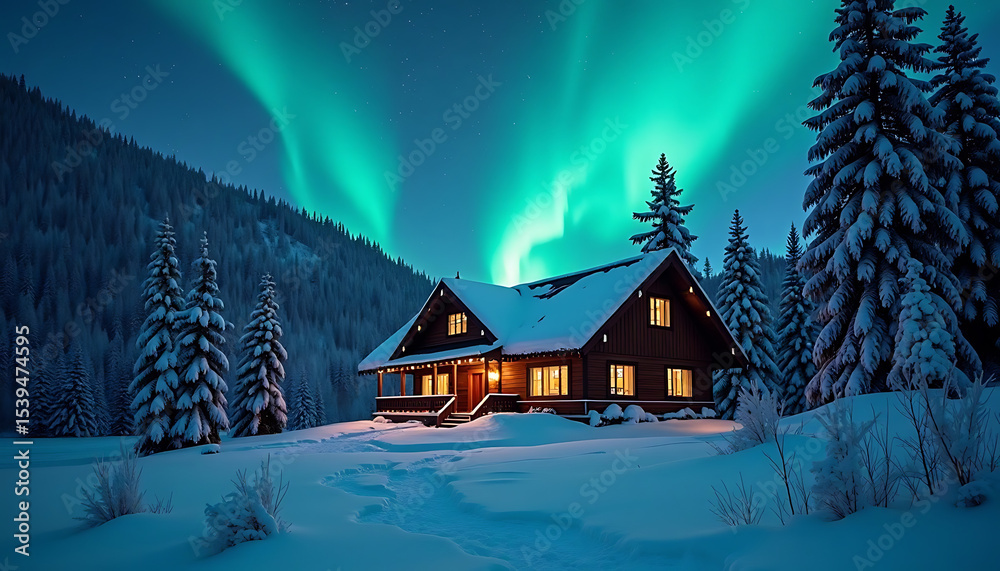 Fototapeta premium Stunning Northern Lights Display Over Cozy Winter Cabin and Snow Covered Landscape