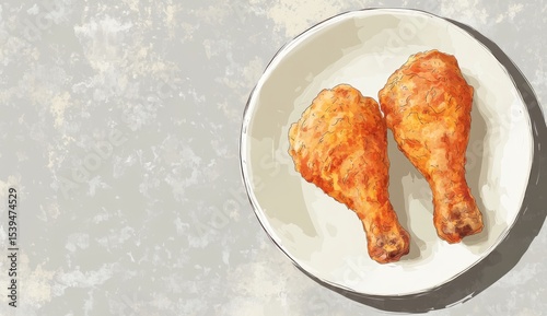 Two crispy fried chicken drumsticks on a plate, overhead view
