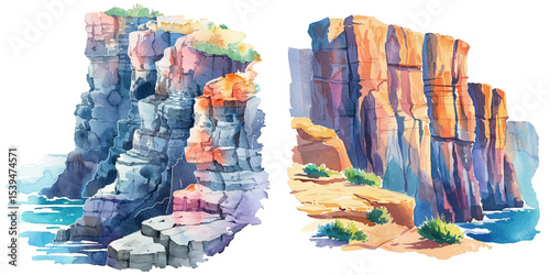 cliffs watercolor vector illustration