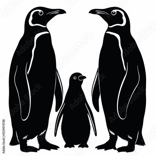 Penguin silhouette family with two parents and a chick