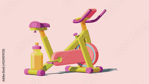 A colorful stationary exercise bike with a water bottle against a light pink background scene view