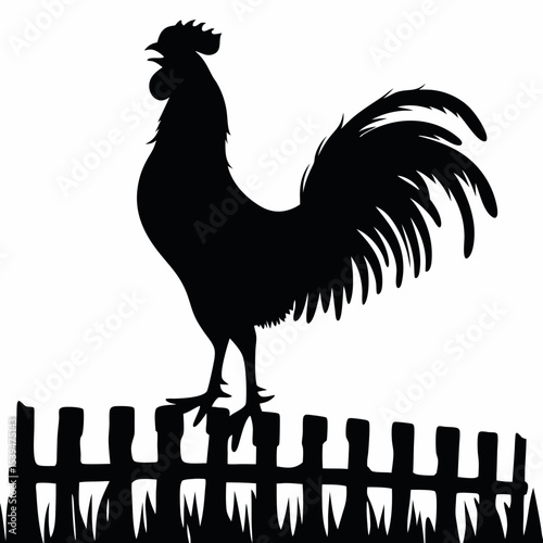 Rooster silhouette crowing on a fence at sunrise