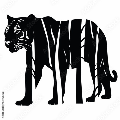 Tiger silhouette in stalking pose with stripes shown through gaps