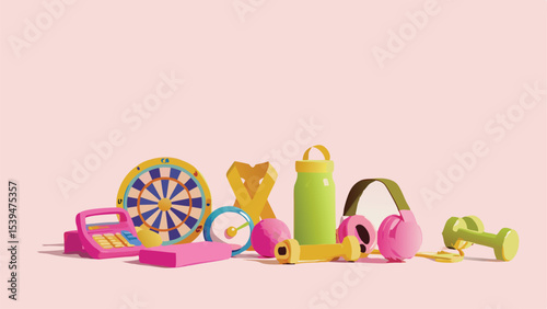 A collection of exercise and recreational items including a dartboard and dumbbells on pink background