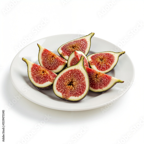 Sliced figs are presented on a white plate showing seeds and fleshy texture against a white background