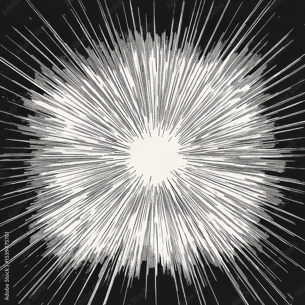 Obraz premium Monochrome burst of white radial lines emanating from a central bright circle against a black background, creating a dynamic explosion effect