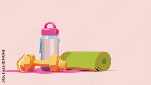 Still life of a dumbbell, water bottle, and a rolled yoga mat on a pink surface in a studio setting