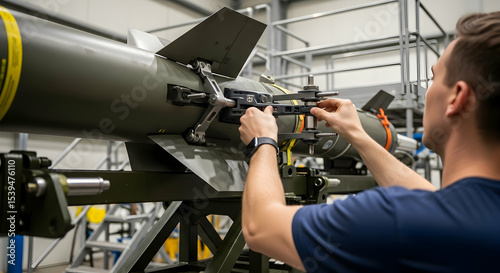 Technician Adjusting Missile Components for Precision Alignment