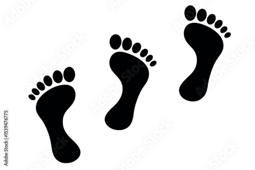 Three black footprints illustrating steps or movement on white background
