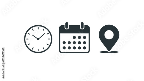 Location, Time & Date Icon Set – Modern Flat Symbols for Maps, Schedules, Calendar & GPS Apps
