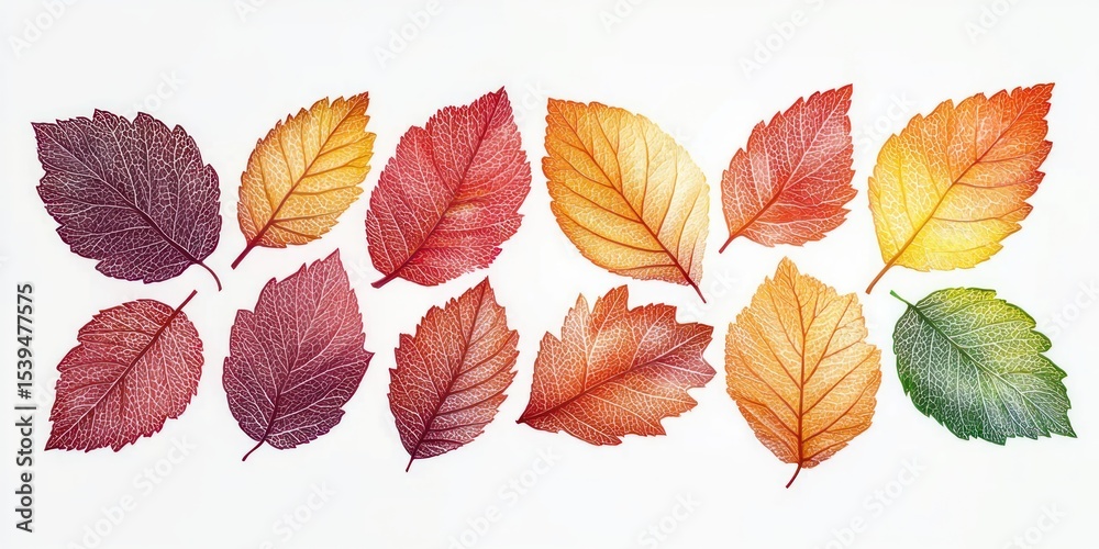 Obraz premium arrangement of colorful autumn leaves in shades of purple, orange, red, yellow, and green on a white background showcasing detailed veins and textures