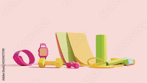 Pastel fitness equipment including yoga mat dumbbells and smart watch on a pink background studio shot