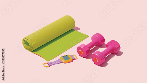 Isometric view of a green yoga mat pink dumbbells and a smartwatch on a light pink background setup