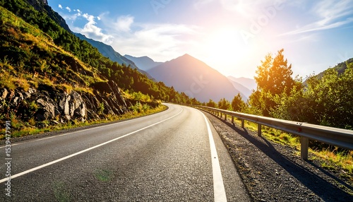 Winding mountain road with sunny day.