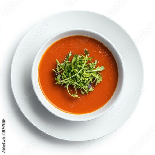 Top-down view of a bowl of vibrant red soup, garnished with fresh greens