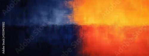 Abstract textured painting with strong horizontal division between deep navy blue and vibrant orange and red hues, evoking warmth and contrast