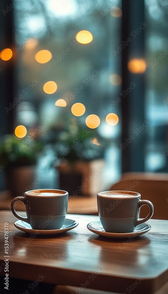Obraz premium Two cups of coffee on saucers placed on a wooden table in a cozy cafe setting with blurred warm lights and indoor plants in the background