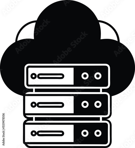 Black and white server stacks Silhouette connected to the cloud illustration icon