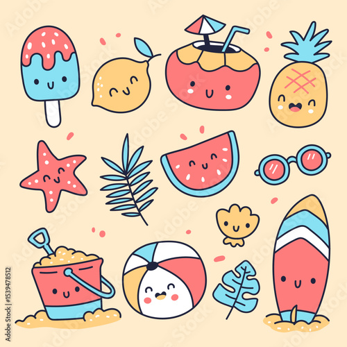 Hand drawn cute kawaii summer element collection