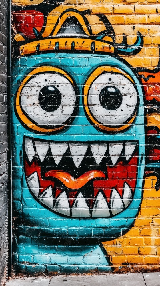 Obraz premium Playful Blue Cartoon Monster Graffiti on Brick Wall