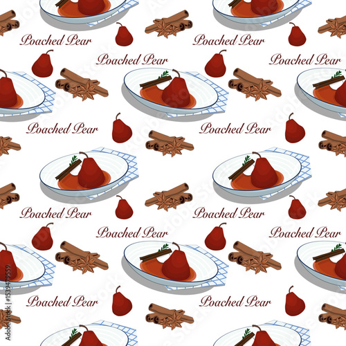 Hand-drawn poaches pear seamless pattern on a white background, vector of poached pears on an white plate and a cup of hot wine collection.