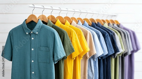 Row of colorful short-sleeved button-down shirts on hangers.