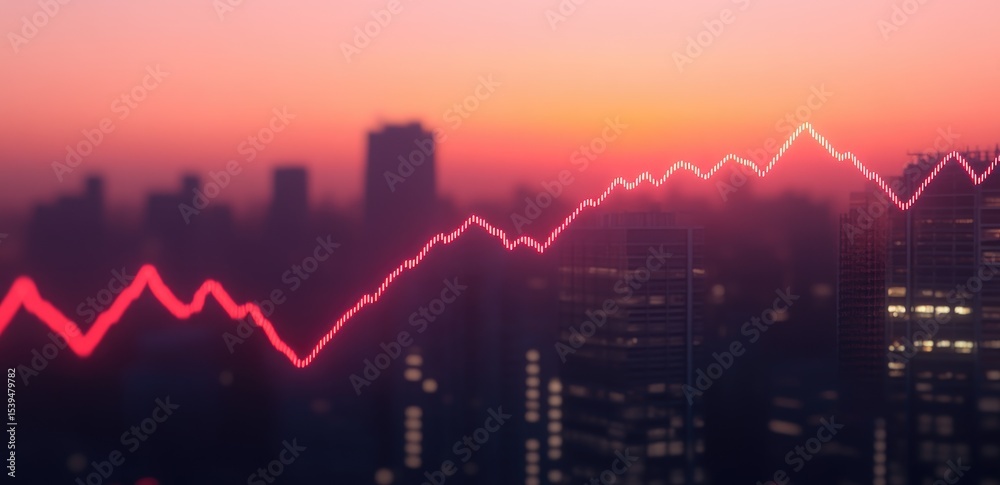 Naklejka premium Pink rising stock graph overlaid on a cityscape at sunrise/sunset