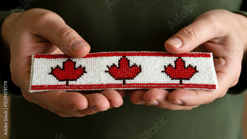 Hands holding handmade Canadian maple leaf beadwork. Traditional Indigenous or Canadian craft concept.