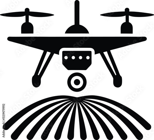 Agriculture Drone Vector Illustration with Silhouette Field Spraying Application of Pesticides