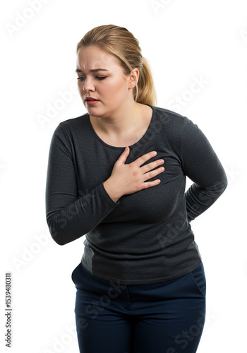 A curvy woman felt pain in her chest, an expression of pain.