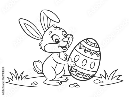 Easter Bunny with an egg. Black and white vector illustration for coloring book