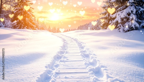 Winter path with hearts, sunset, and snow.