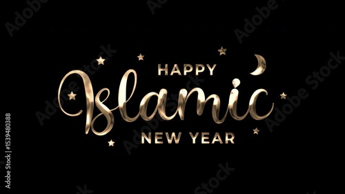 Animation of golden happy Islamic New Year greeting with sparkles, perfect for holiday greetings, social media posts, or festive presentations.
