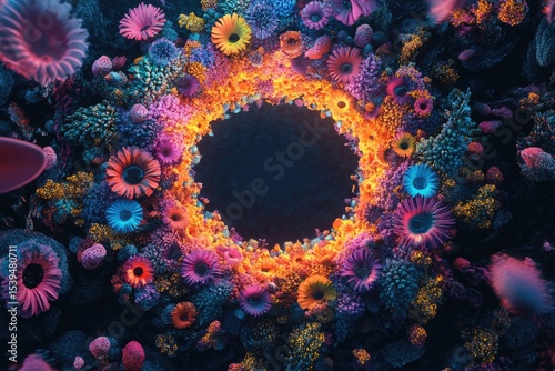 Vibrant, bioluminescent flowers form a circular frame, creating a mystical, otherworldly scene