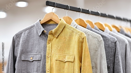 Variety of linen shirts on hangers in a retail display.