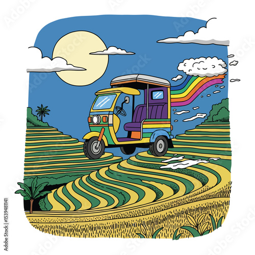 Colorful Tuk-Tuk on Rice Terraces.