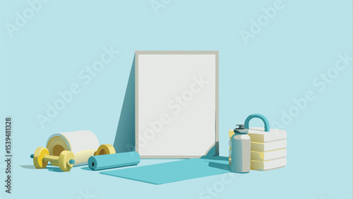 Mockup frame with fitness equipment including dumbbells mat water bottle and towels on a blue background