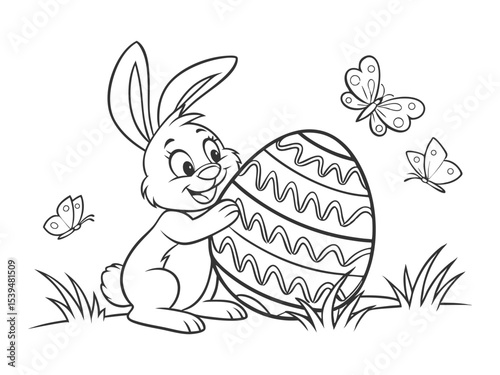 Easter Bunny with an egg. Black and white vector illustration for coloring book