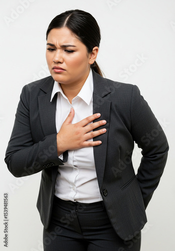 A curvy woman felt pain in her chest, an expression of pain.