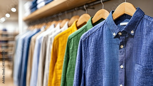 Colorful shirts displayed on hangers in a clothing store.