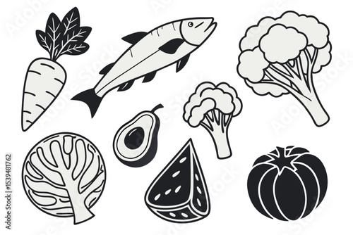 Vector illustration of healthy food and nutritious fruits and vegetables in black and white