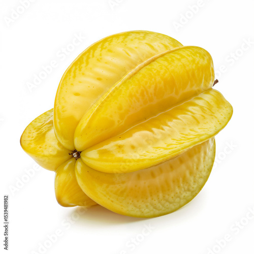 Ripe starfruit shines displaying its vibrant color and unique shape on white backdrop